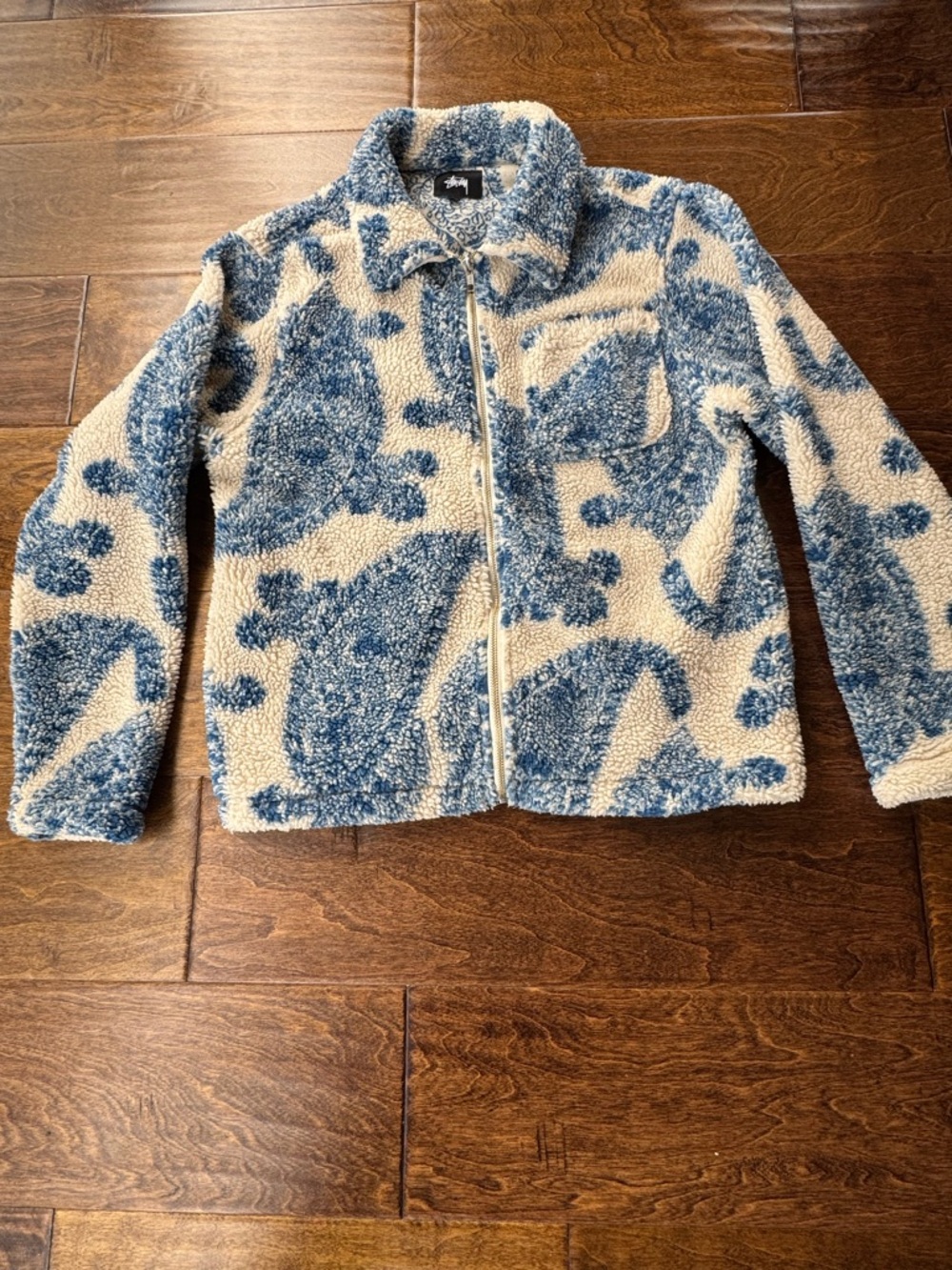 Stussy Blue and Cream Sherpa Zip-Up Jacket